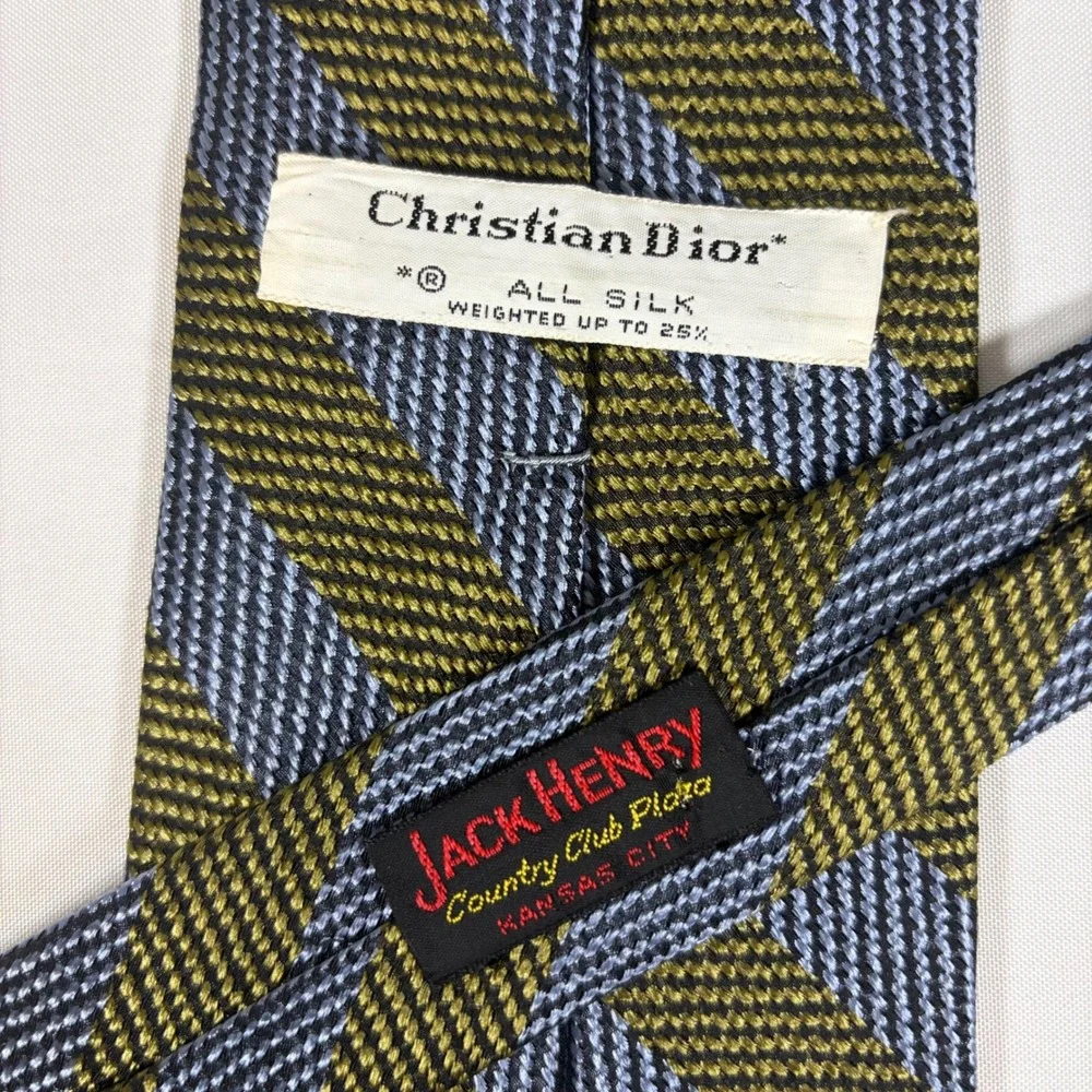Christian Dior Mens Silk Necktie Vintage Striped Olive Green Blue‎ Designer Tie